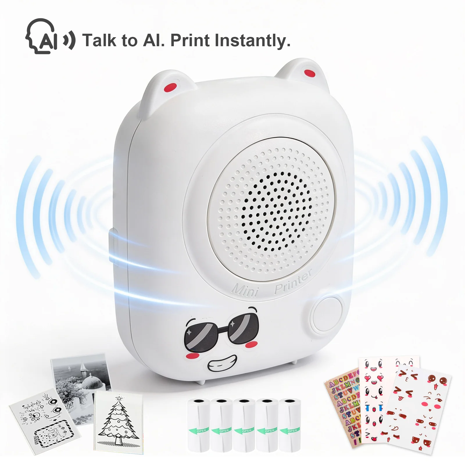 AI Mini Printer Sticker Print Portable Thermal Inkless Maker Bluetooth Pocket Instant Printing for School Office Home for Study Note,Journal,DIY,Gift