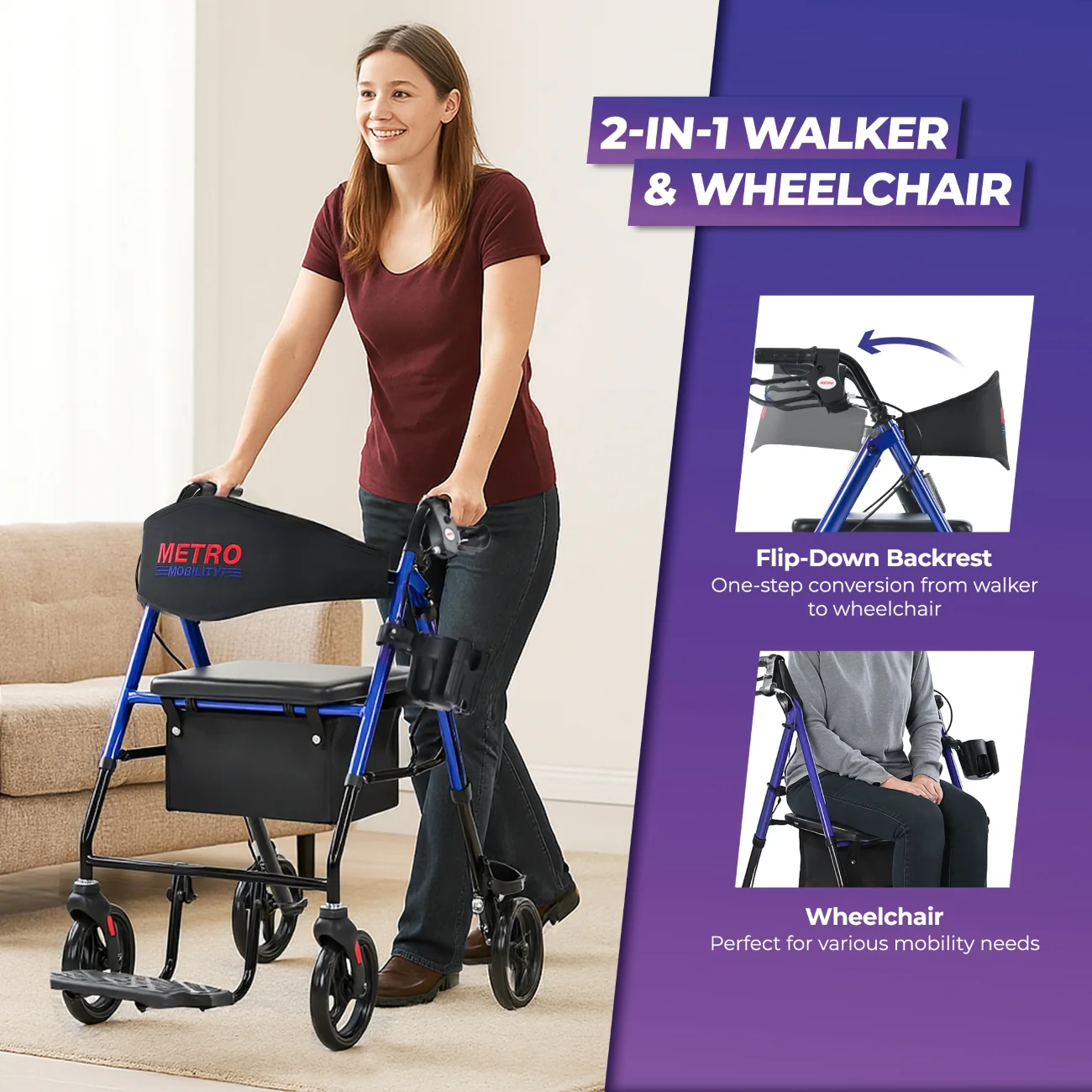 Metro Mobility M913P 2 in 1 Rollator Walker & Transport Wheelchair for Seniors, 8" Big Wheels with Seat for All Terrain, 300 lb. Weight Capacity, Blue - Image 2