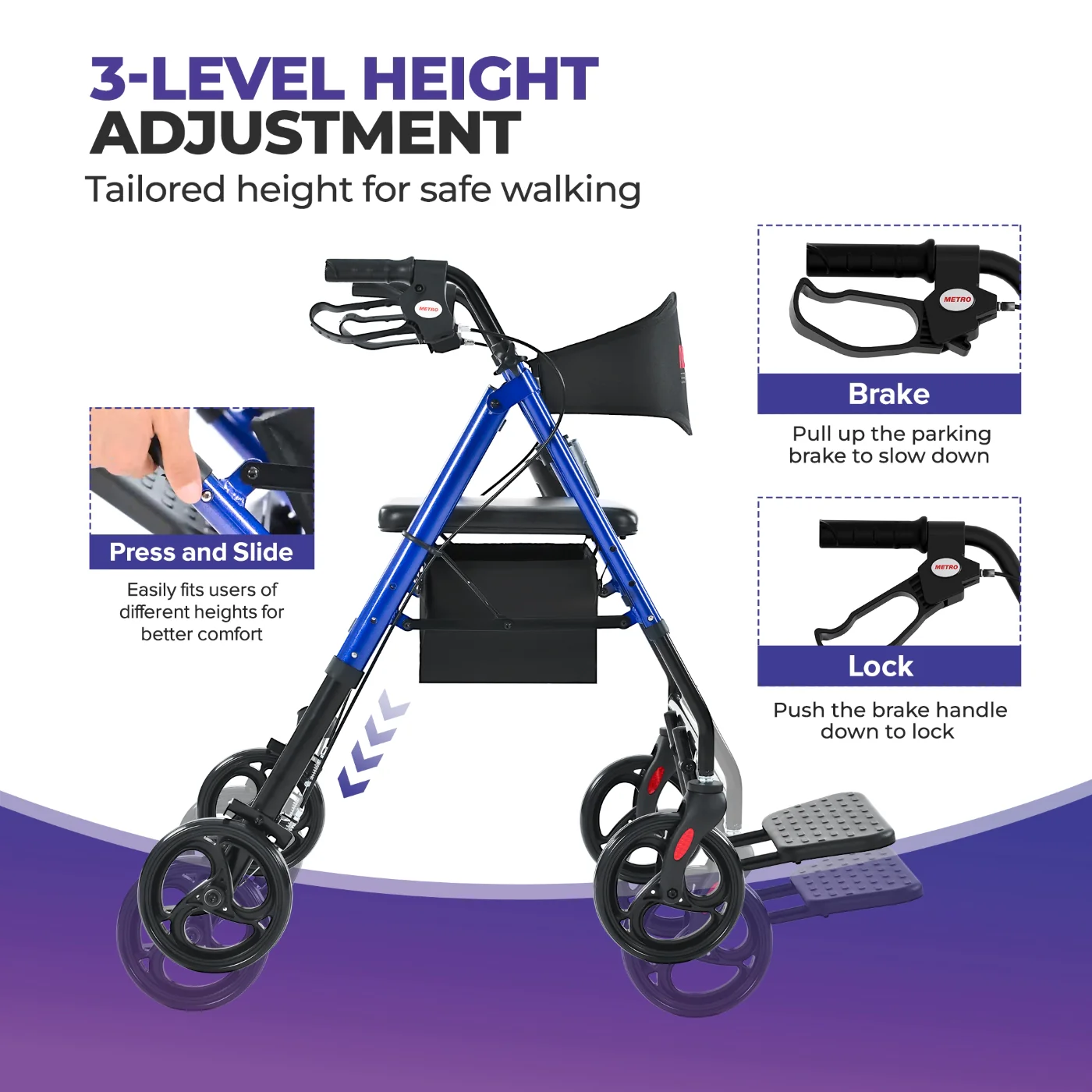 Metro Mobility M913P 2 in 1 Rollator Walker & Transport Wheelchair for Seniors, 8" Big Wheels with Seat for All Terrain, 300 lb. Weight Capacity, Blue - Image 4