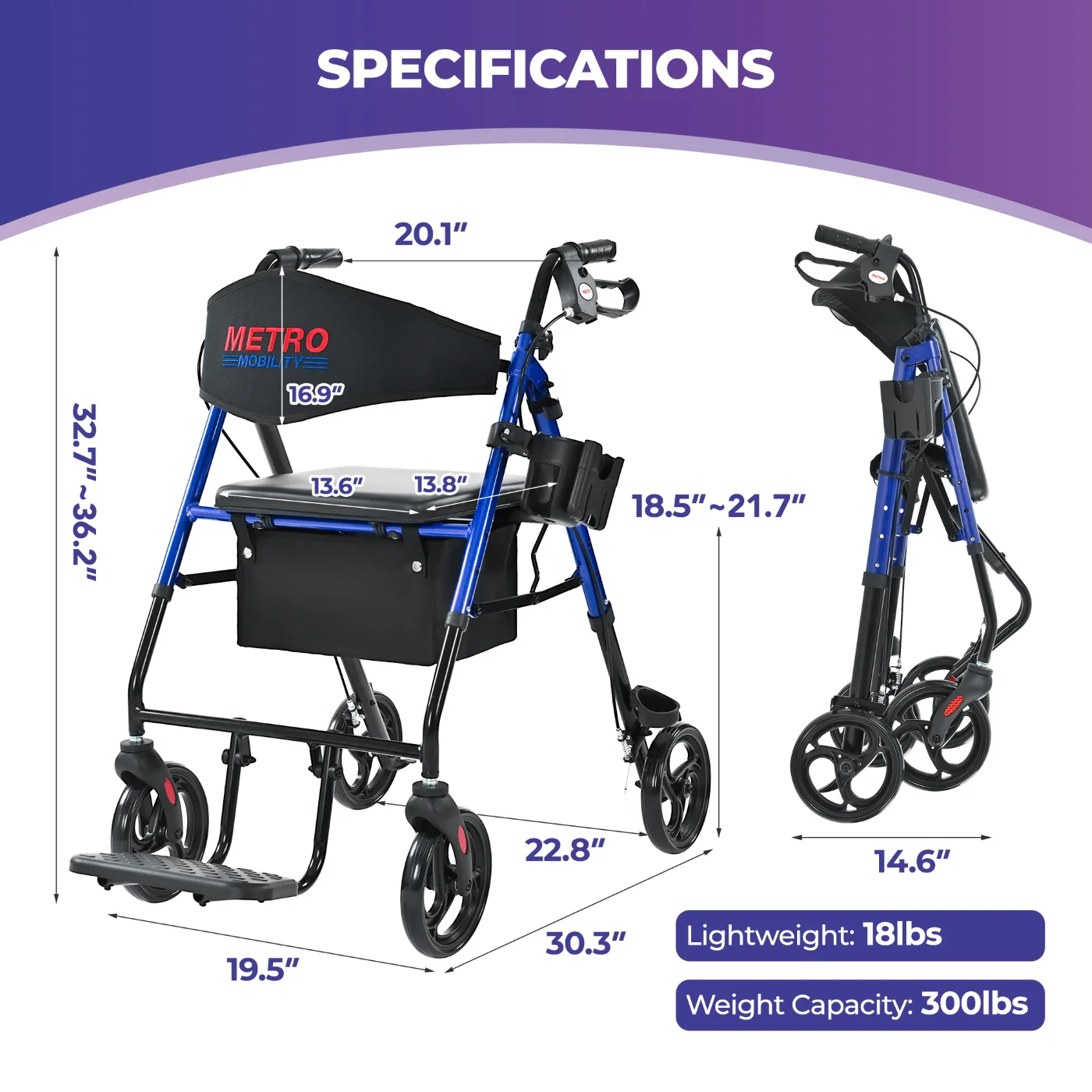 Metro Mobility M913P 2 in 1 Rollator Walker & Transport Wheelchair for Seniors, 8" Big Wheels with Seat for All Terrain, 300 lb. Weight Capacity, Blue - Image 6