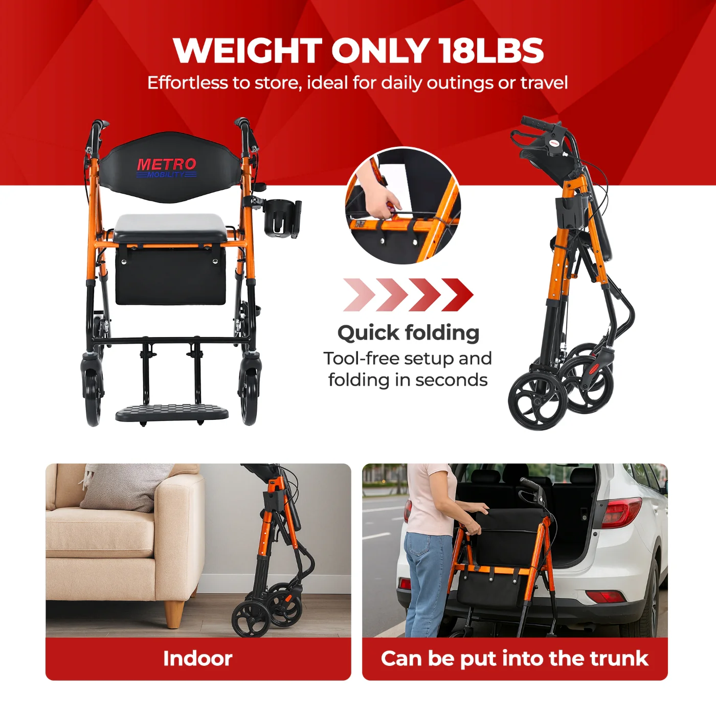 Metro Mobility M913P 2 in 1 Rollator Walker & Transport Wheelchair for Seniors, 8" Big Wheels with Seat for All Terrain, 300 lb. Weight Capacity, Orange - Image 4
