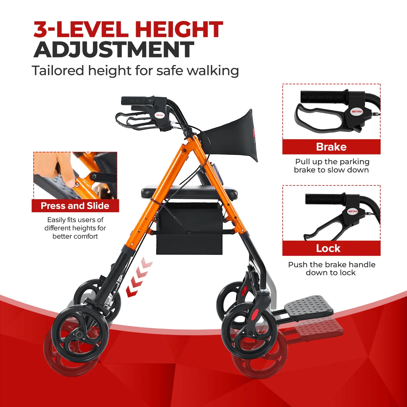 Metro Mobility M913P 2 in 1 Rollator Walker & Transport Wheelchair for Seniors, 8" Big Wheels with Seat for All Terrain, 300 lb. Weight Capacity, Orange - Image 5