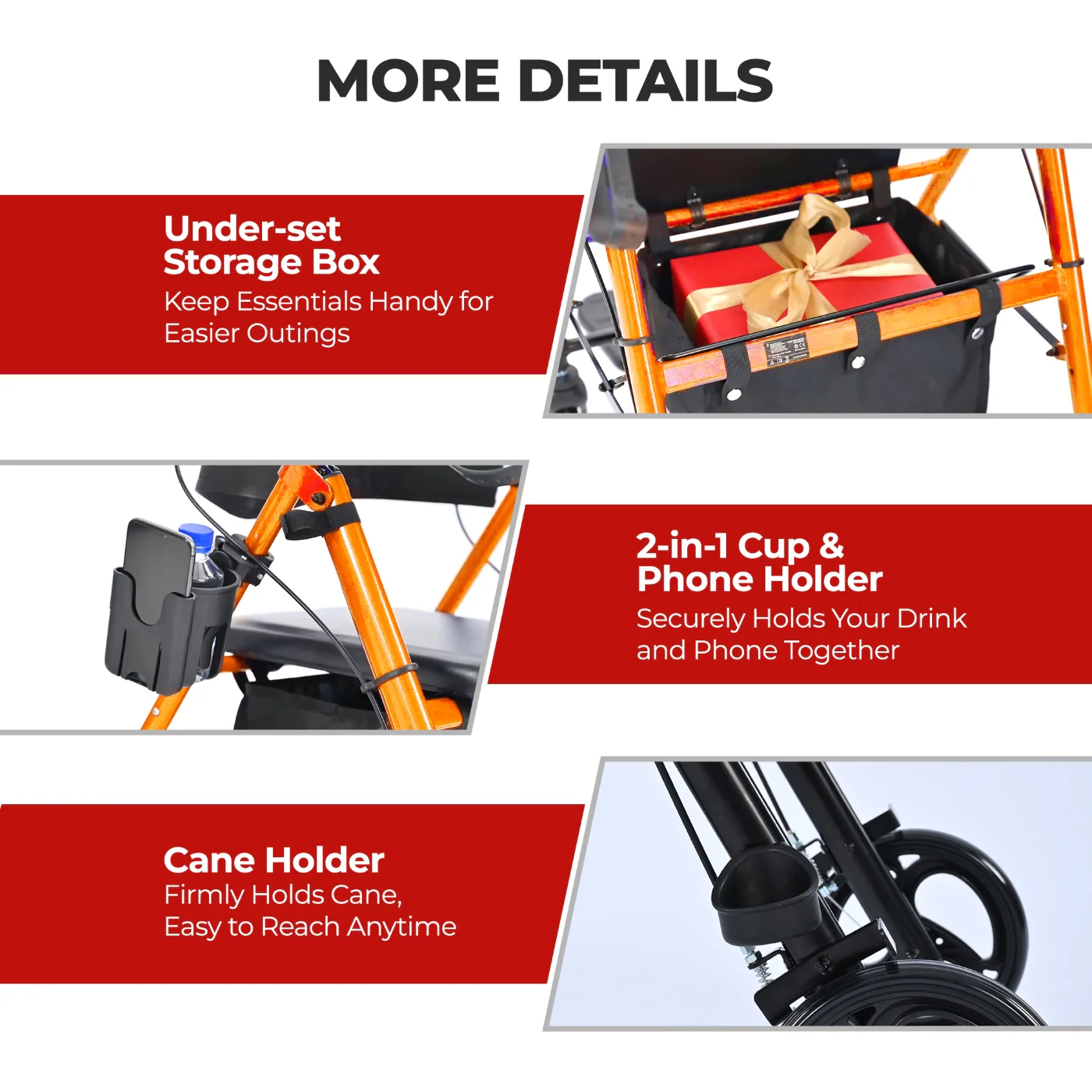 Metro Mobility M913P 2 in 1 Rollator Walker & Transport Wheelchair for Seniors, 8" Big Wheels with Seat for All Terrain, 300 lb. Weight Capacity, Orange - Image 6