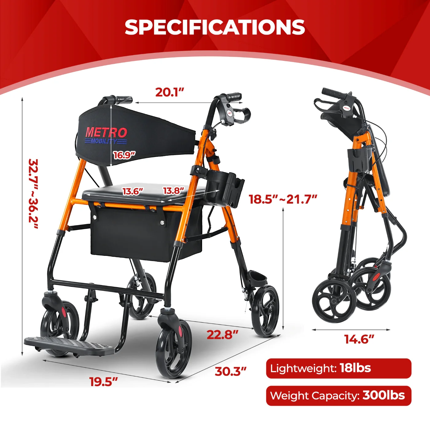 Metro Mobility M913P 2 in 1 Rollator Walker & Transport Wheelchair for Seniors, 8" Big Wheels with Seat for All Terrain, 300 lb. Weight Capacity, Orange - Image 7