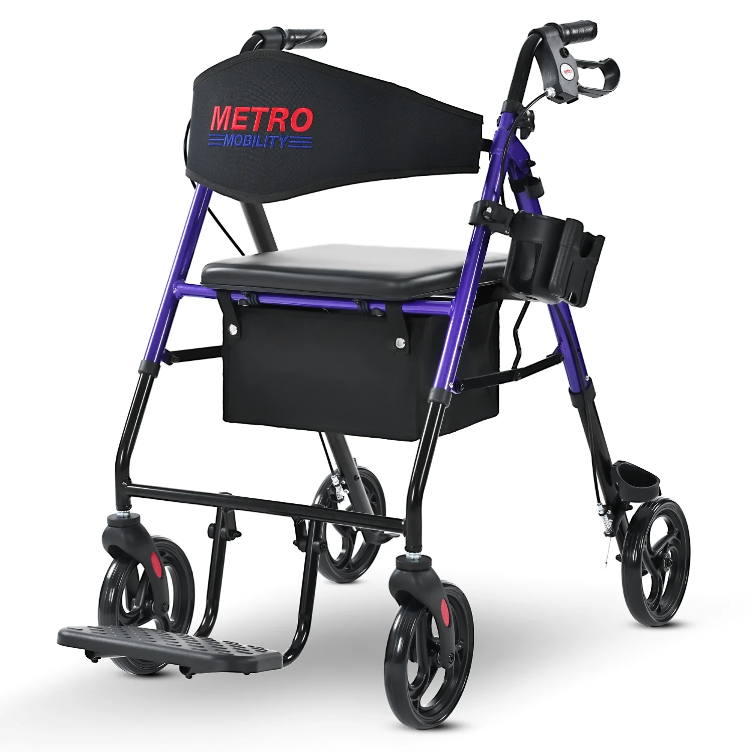 Metro Mobility M913P 2 in 1 Rollator Walker & Transport Wheelchair for Seniors, 8" Big Wheels with Seat for All Terrain, 300 lb. Weight Capacity, Purple