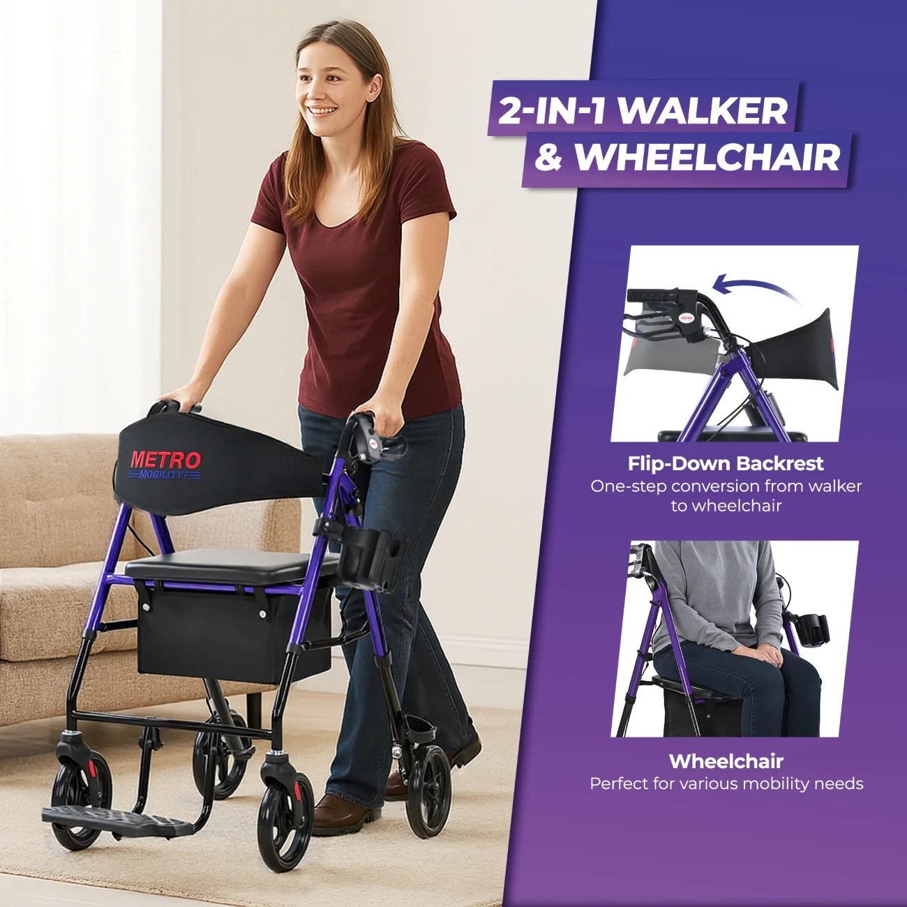 Metro Mobility M913P 2 in 1 Rollator Walker & Transport Wheelchair for Seniors, 8" Big Wheels with Seat for All Terrain, 300 lb. Weight Capacity, Purple - Image 2