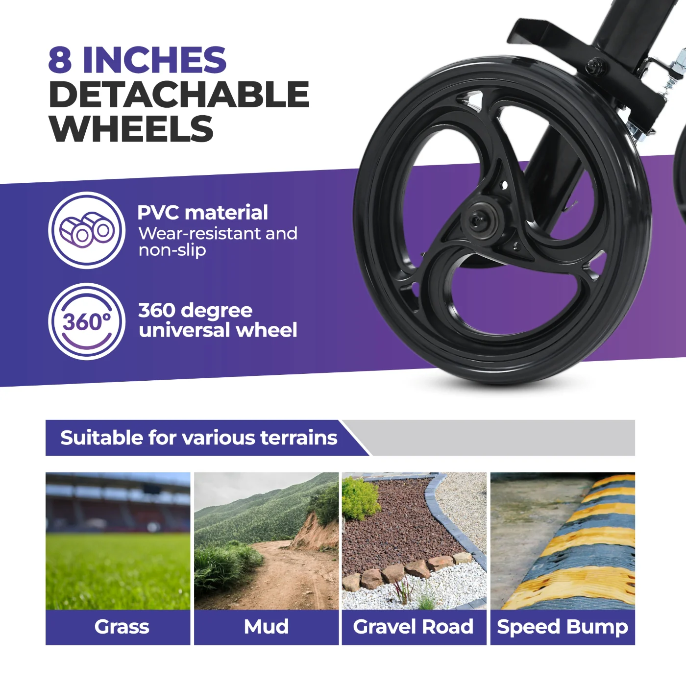 Metro Mobility M913P 2 in 1 Rollator Walker & Transport Wheelchair for Seniors, 8" Big Wheels with Seat for All Terrain, 300 lb. Weight Capacity, Purple - Image 3