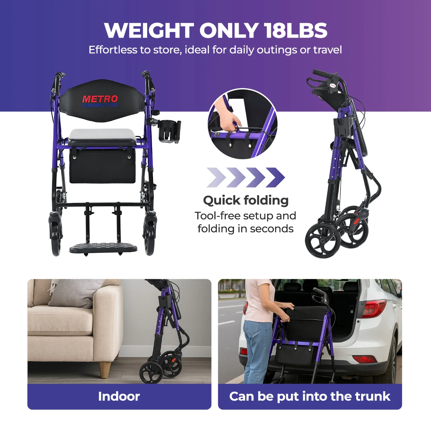 Metro Mobility M913P 2 in 1 Rollator Walker & Transport Wheelchair for Seniors, 8" Big Wheels with Seat for All Terrain, 300 lb. Weight Capacity, Purple - Image 4