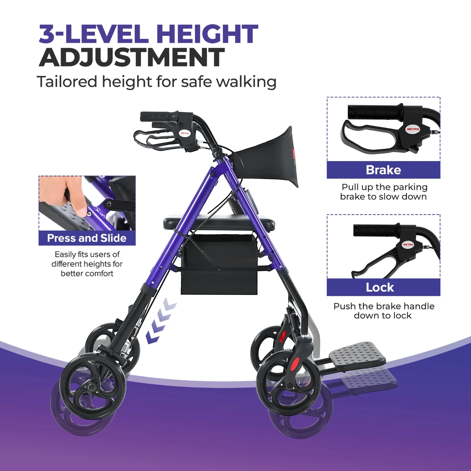 Metro Mobility M913P 2 in 1 Rollator Walker & Transport Wheelchair for Seniors, 8" Big Wheels with Seat for All Terrain, 300 lb. Weight Capacity, Purple - Image 5