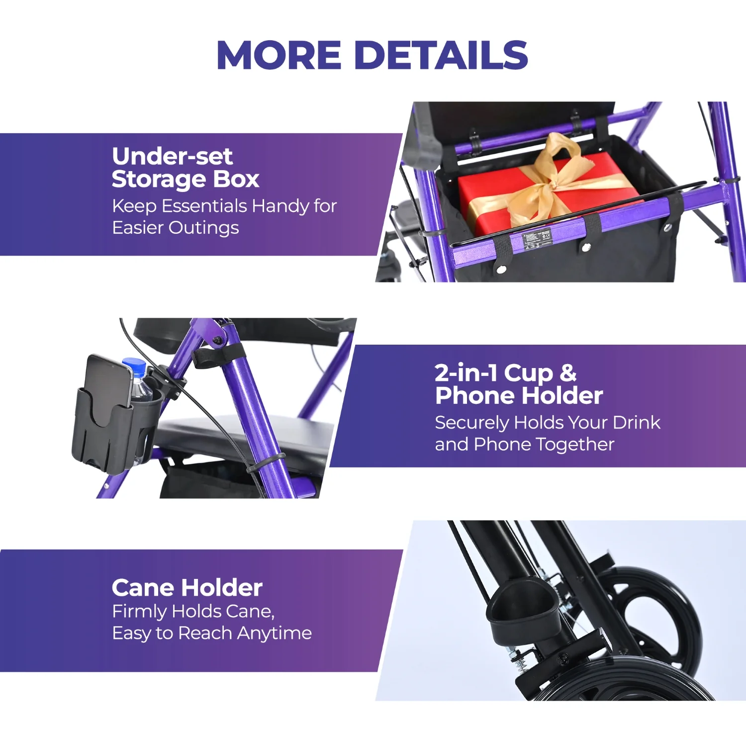 Metro Mobility M913P 2 in 1 Rollator Walker & Transport Wheelchair for Seniors, 8" Big Wheels with Seat for All Terrain, 300 lb. Weight Capacity, Purple - Image 6