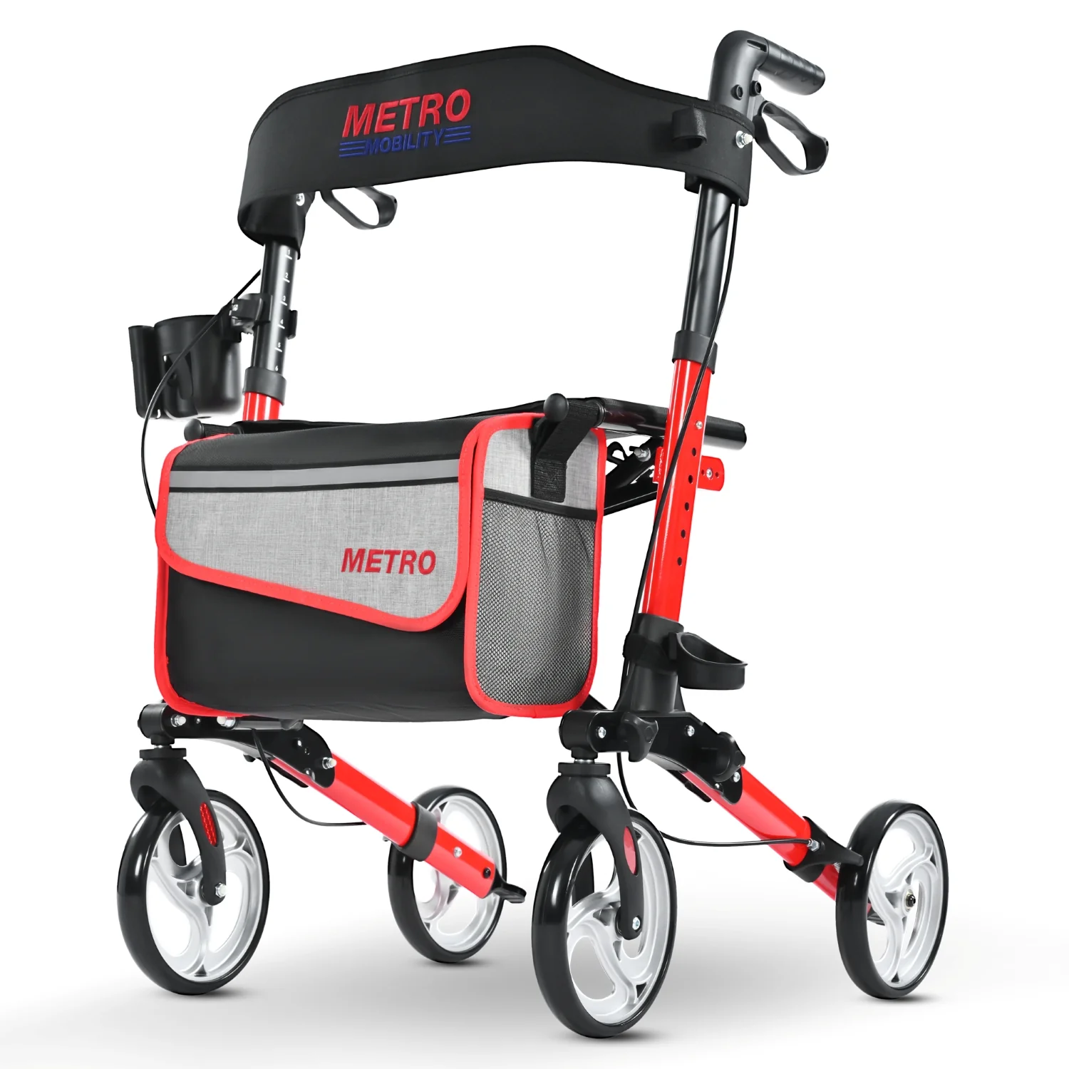 Metro Mobility M931 Rollator Walker with Seat for Seniors, Foldable Lightweight Rolling, 8" Big Wheels for All Terrain, 300 lb. Weight Capacity, Red