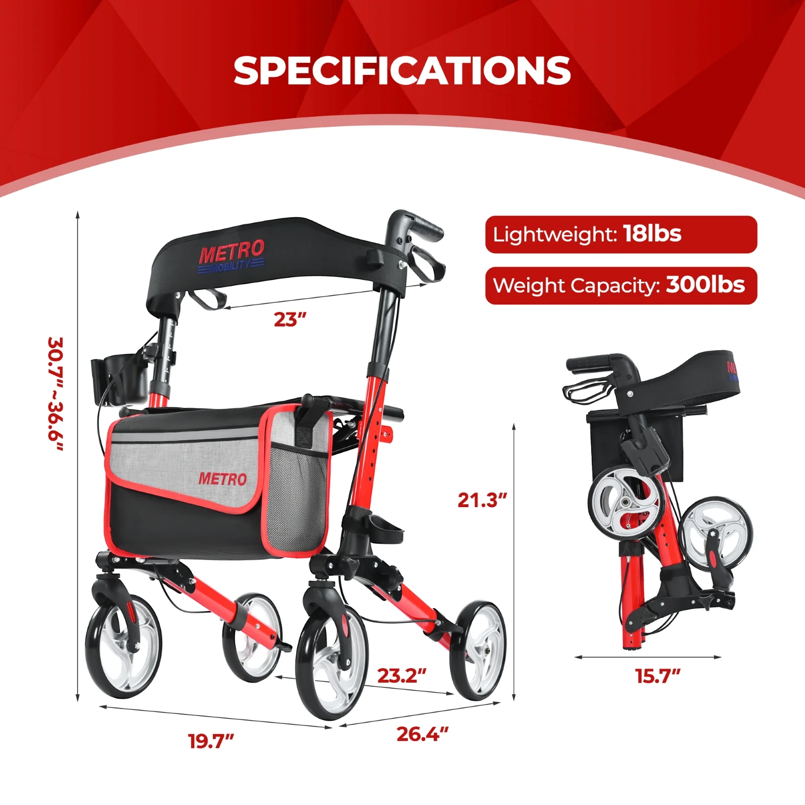 Metro Mobility M931 Rollator Walker with Seat for Seniors, Foldable Lightweight Rolling, 8" Big Wheels for All Terrain, 300 lb. Weight Capacity, Red - Image 2