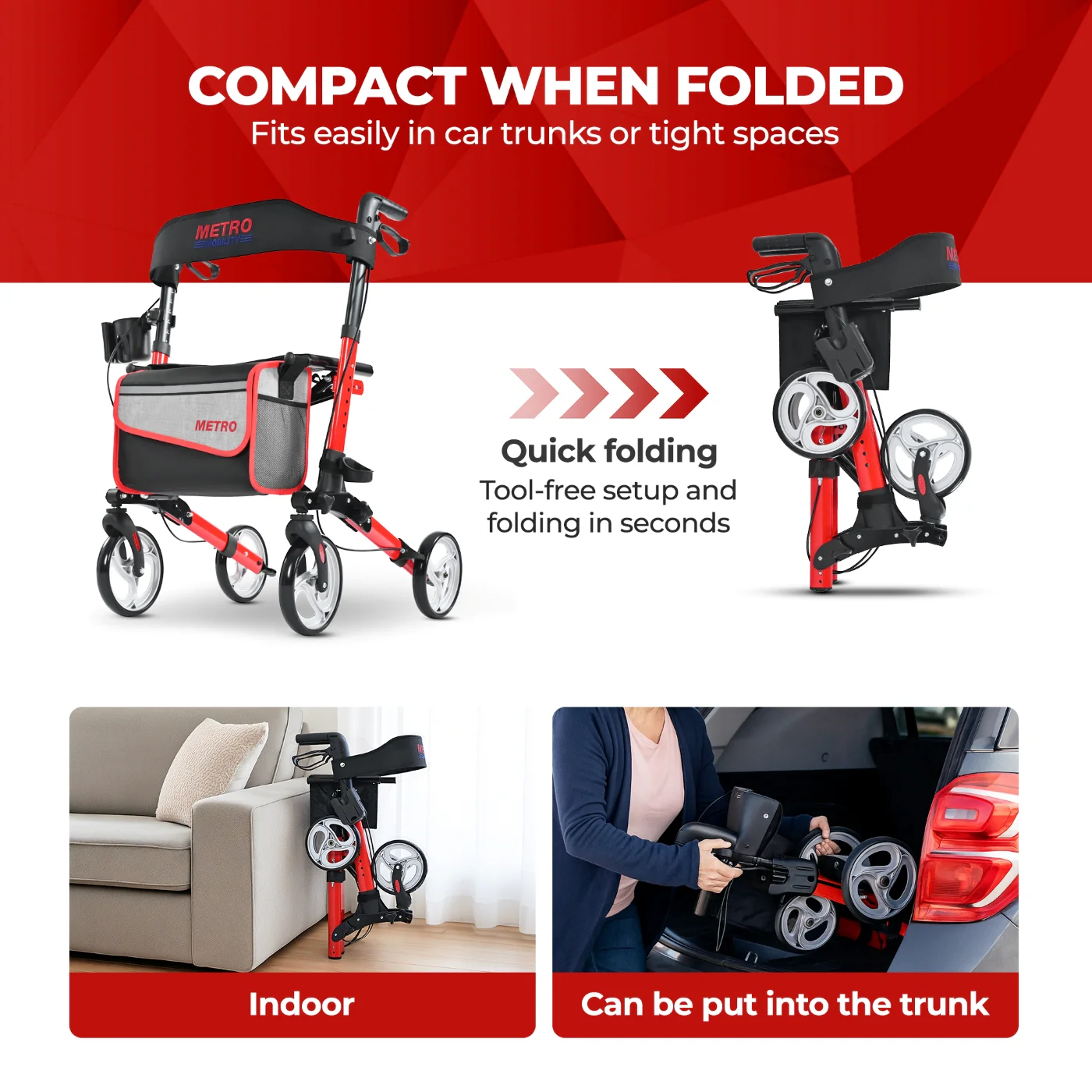 Metro Mobility M931 Rollator Walker with Seat for Seniors, Foldable Lightweight Rolling, 8" Big Wheels for All Terrain, 300 lb. Weight Capacity, Red - Image 3