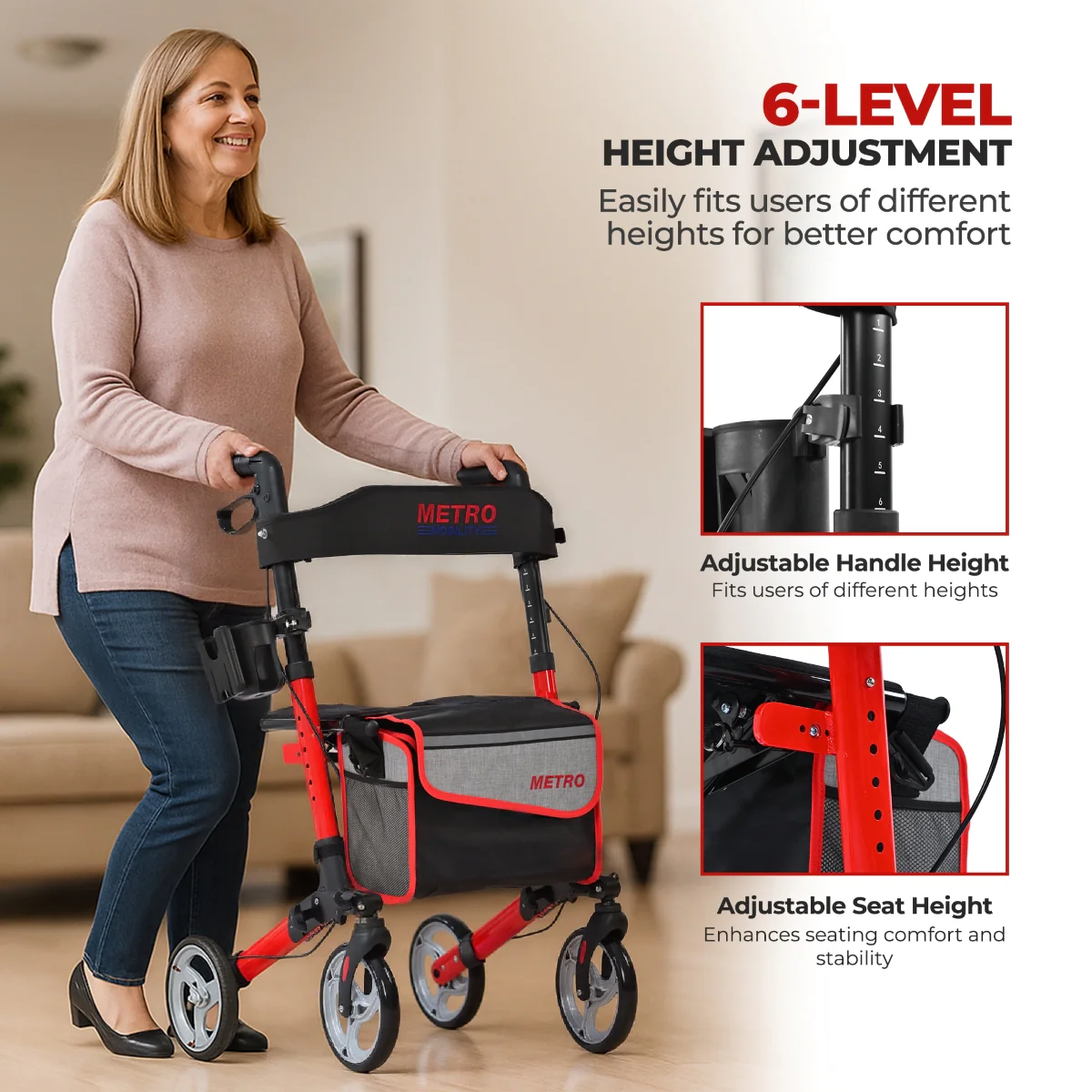 Metro Mobility M931 Rollator Walker with Seat for Seniors, Foldable Lightweight Rolling, 8" Big Wheels for All Terrain, 300 lb. Weight Capacity, Red - Image 4