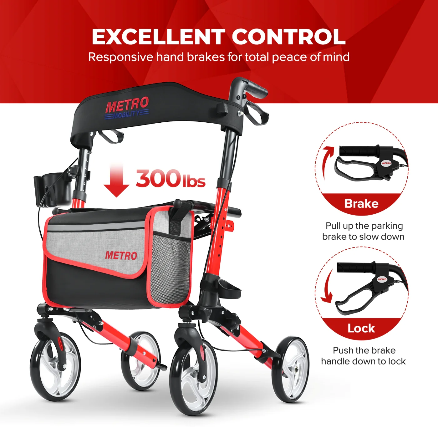 Metro Mobility M931 Rollator Walker with Seat for Seniors, Foldable Lightweight Rolling, 8" Big Wheels for All Terrain, 300 lb. Weight Capacity, Red - Image 5