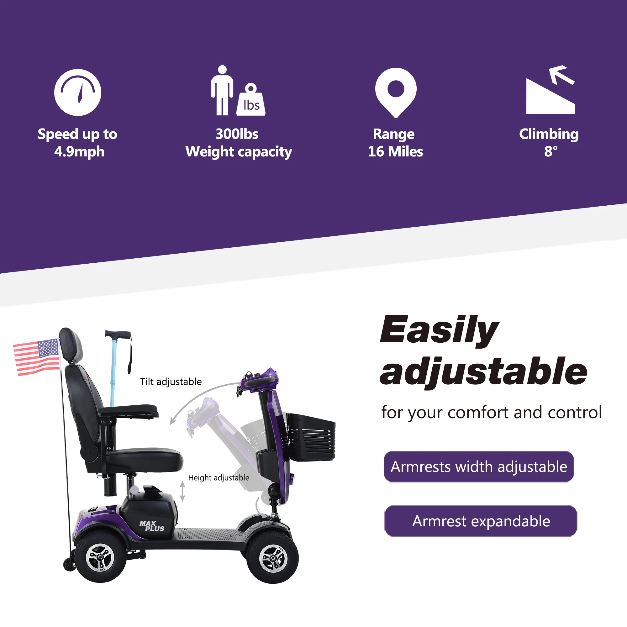 Metro Mobility Elderly Scooter Folding Scooter 4 Wheel Scooter - Dark Purple (MAX Plus) - Image 4