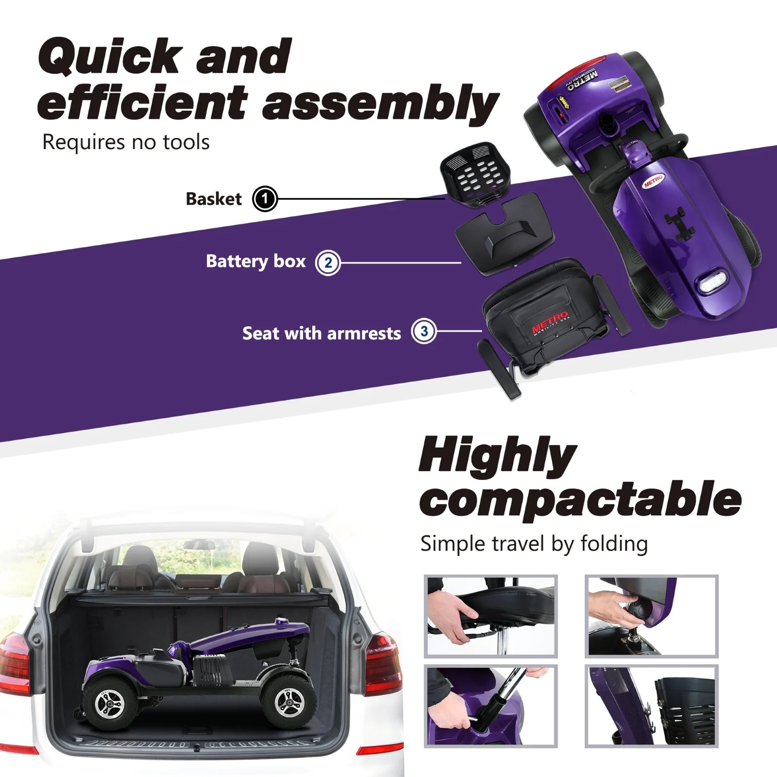 Metro Mobility Elderly Scooter Folding Scooter 4 Wheel Scooter - Dark Purple (MAX Plus) - Image 5