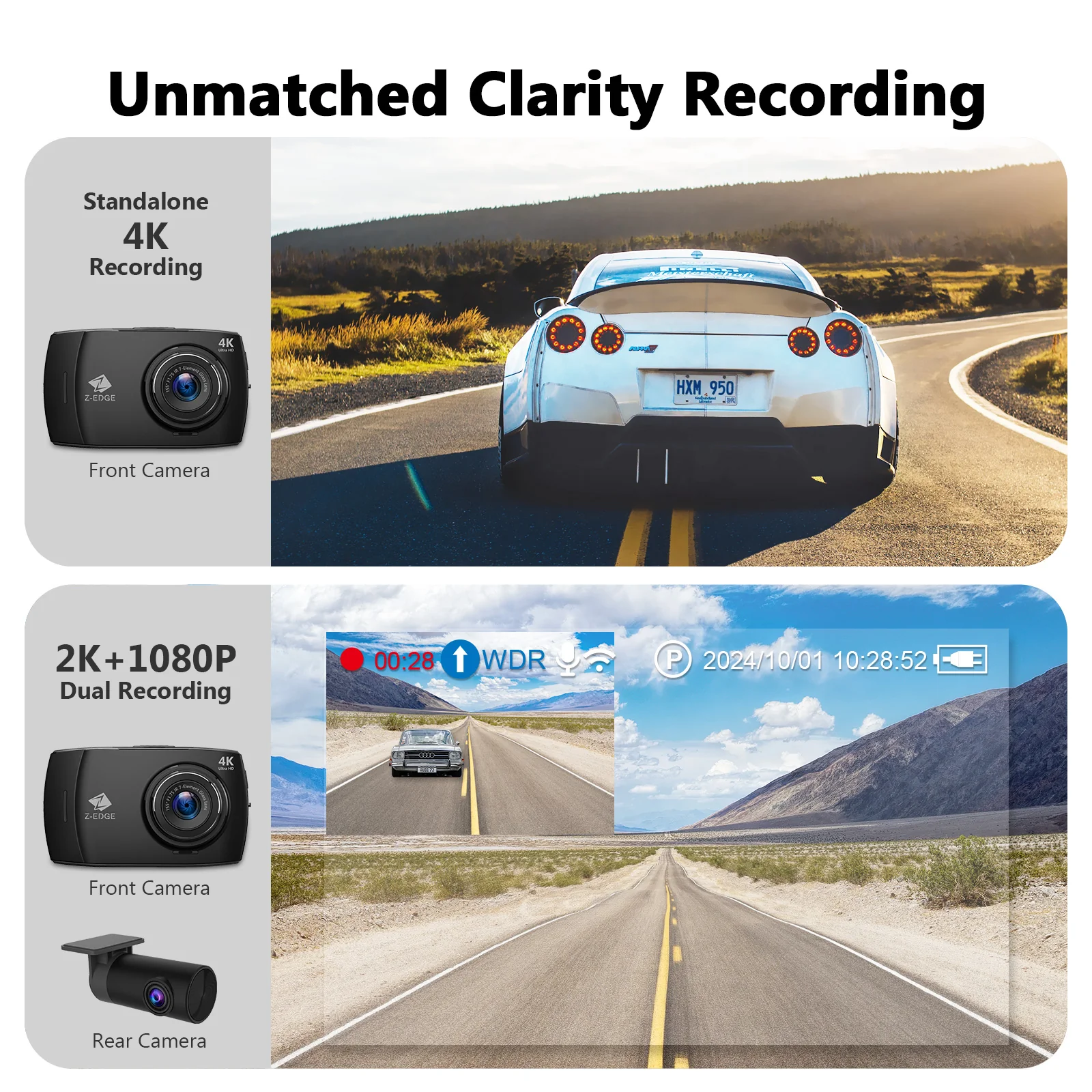 Z-EDGE T4 4" Touch Screen 4K Dual Dashcam (32GB MicroSD Card Included) - Image 7