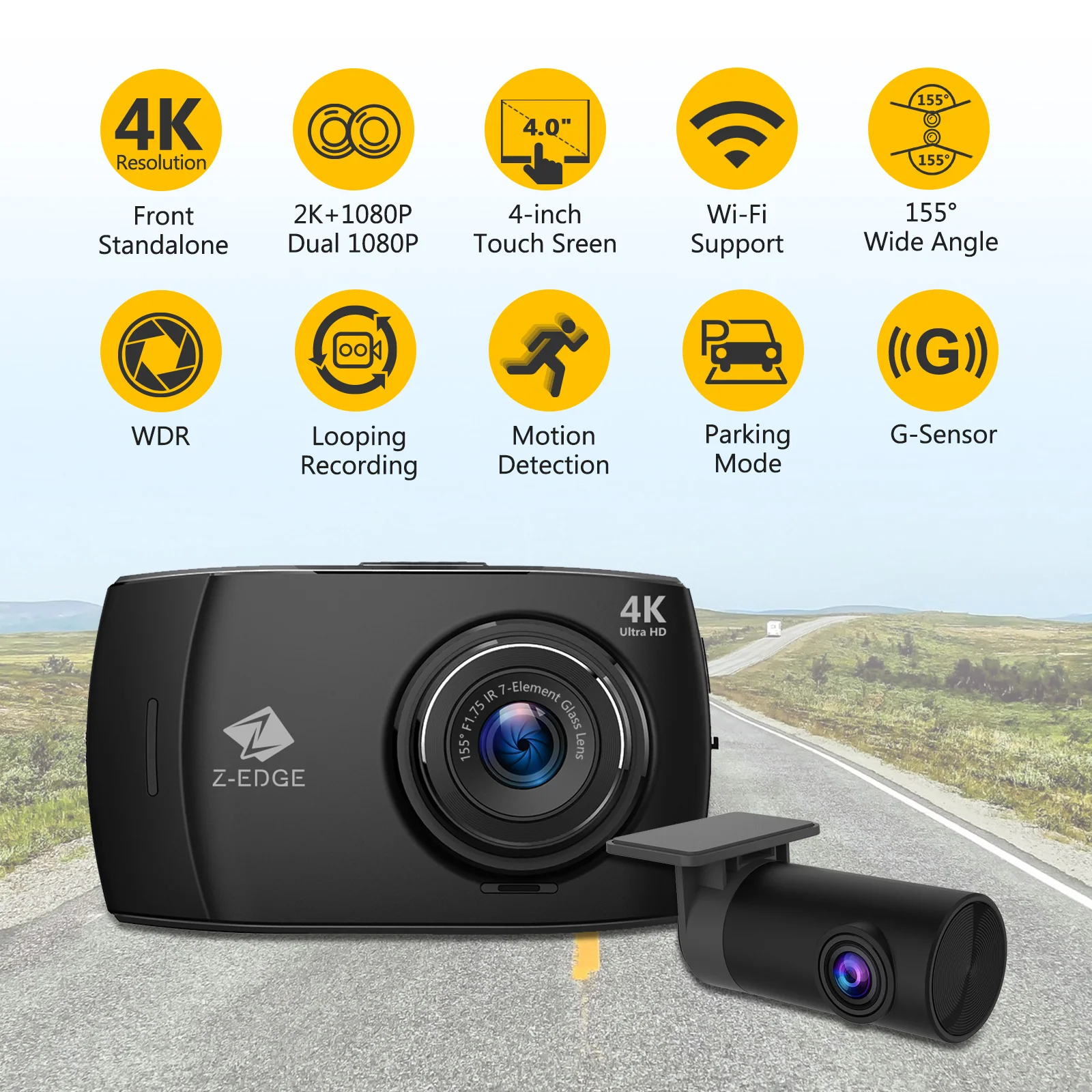 Z-EDGE T4 4" Touch Screen 4K Dual Dashcam (32GB MicroSD Card Included) - Image 4