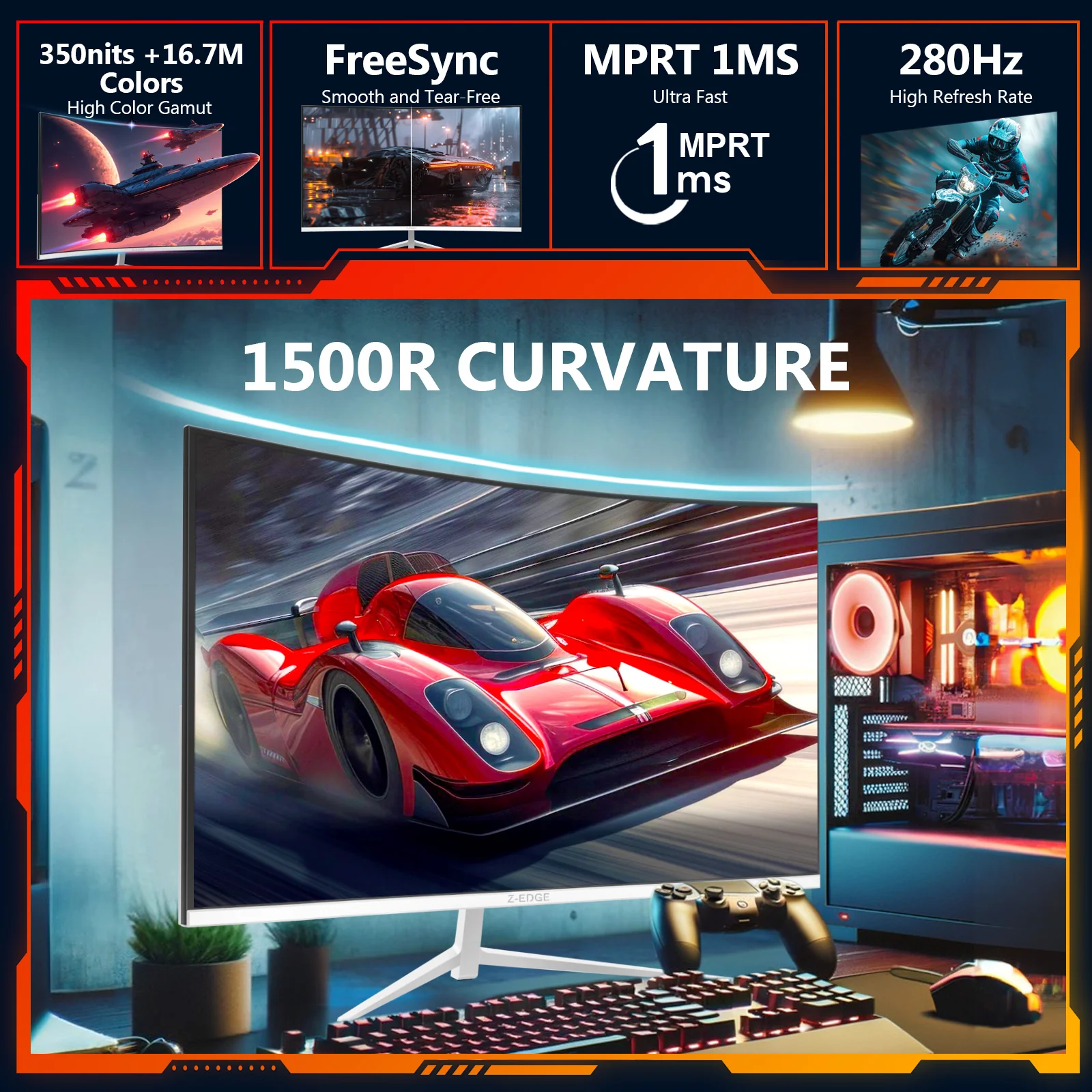 Z-EDGE UG27P 27" 280Hz Curved Gaming Monitor, White Monitor - Image 3