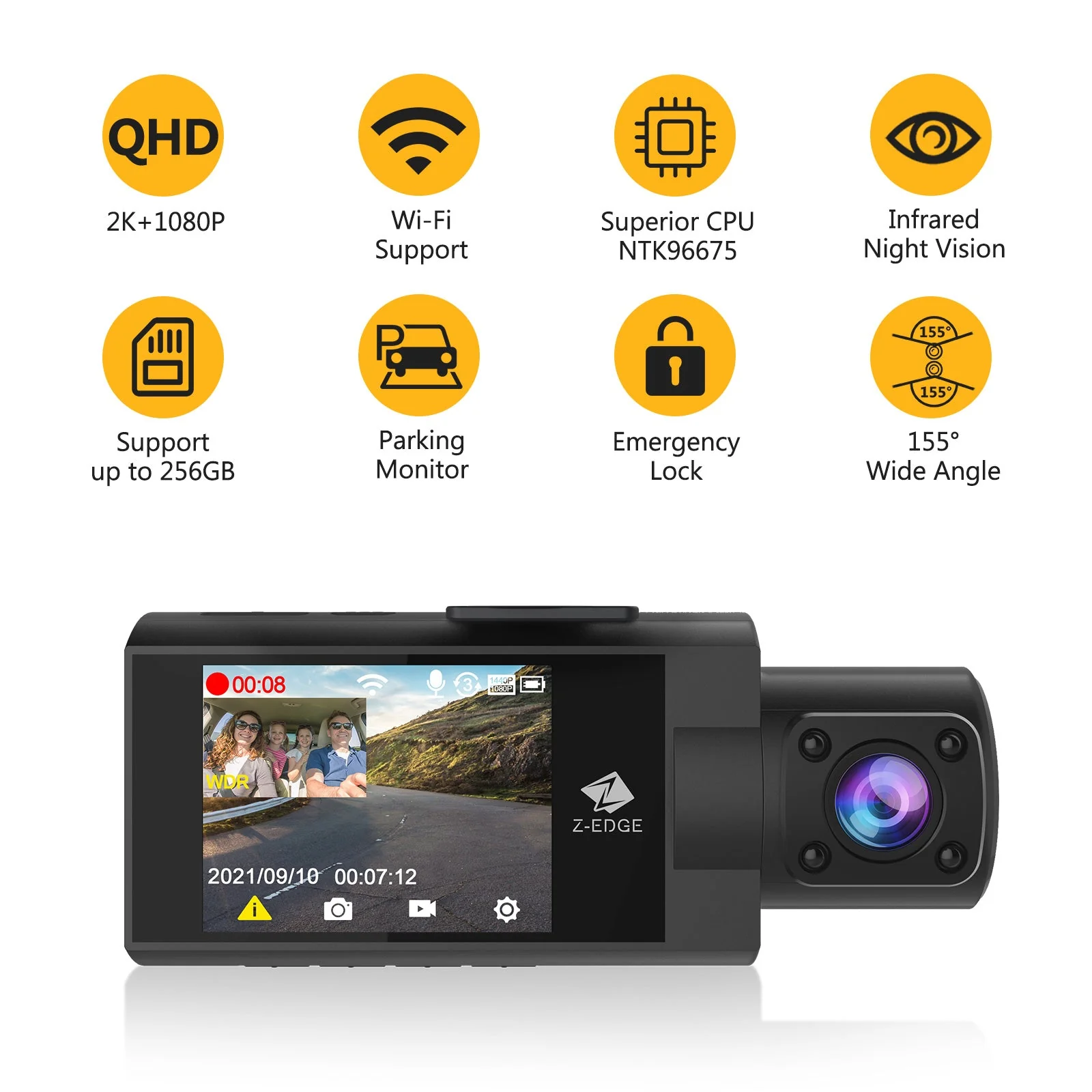 Refurbished: Z-EDGE Z3 Pro Dual Dash Cam, WiFi&App Connection, 2K+1080P Front and Inside Dash Cam, IR Night Vision - Image 3