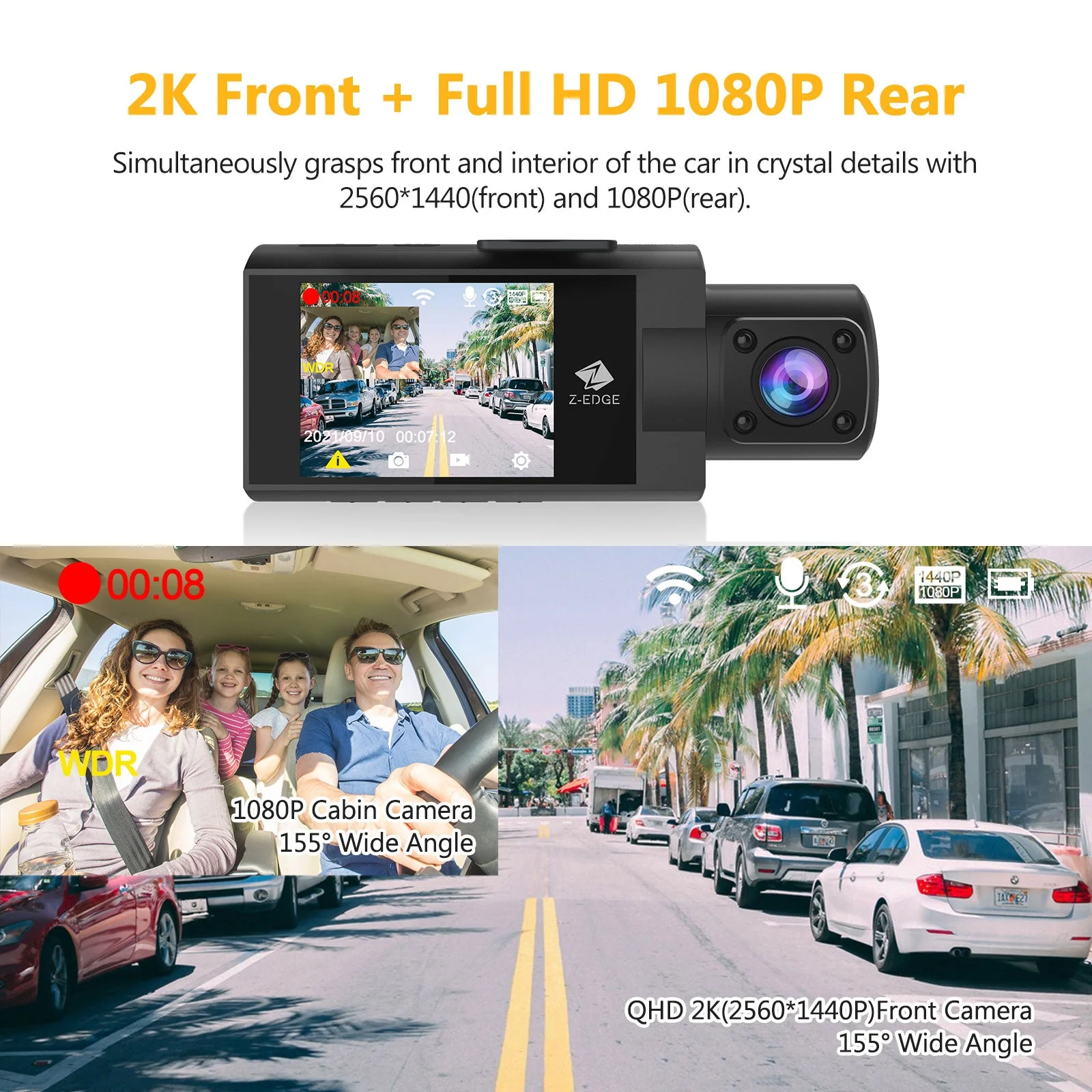 Refurbished: Z-EDGE Z3 Pro Dual Dash Cam, WiFi&App Connection, 2K+1080P Front and Inside Dash Cam, IR Night Vision - Image 4