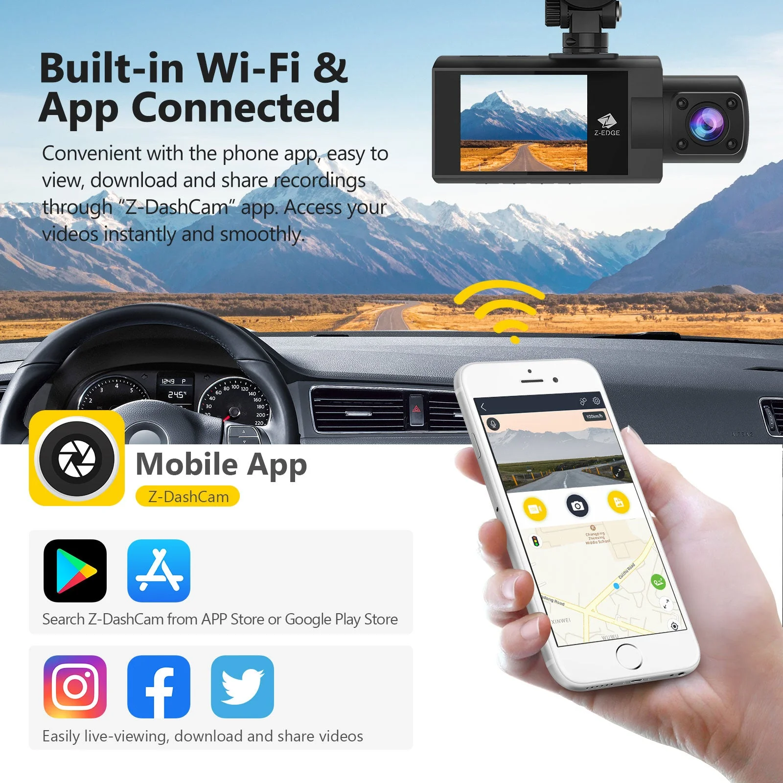 Refurbished: Z-EDGE Z3 Pro Dual Dash Cam, WiFi&App Connection, 2K+1080P Front and Inside Dash Cam, IR Night Vision - Image 5