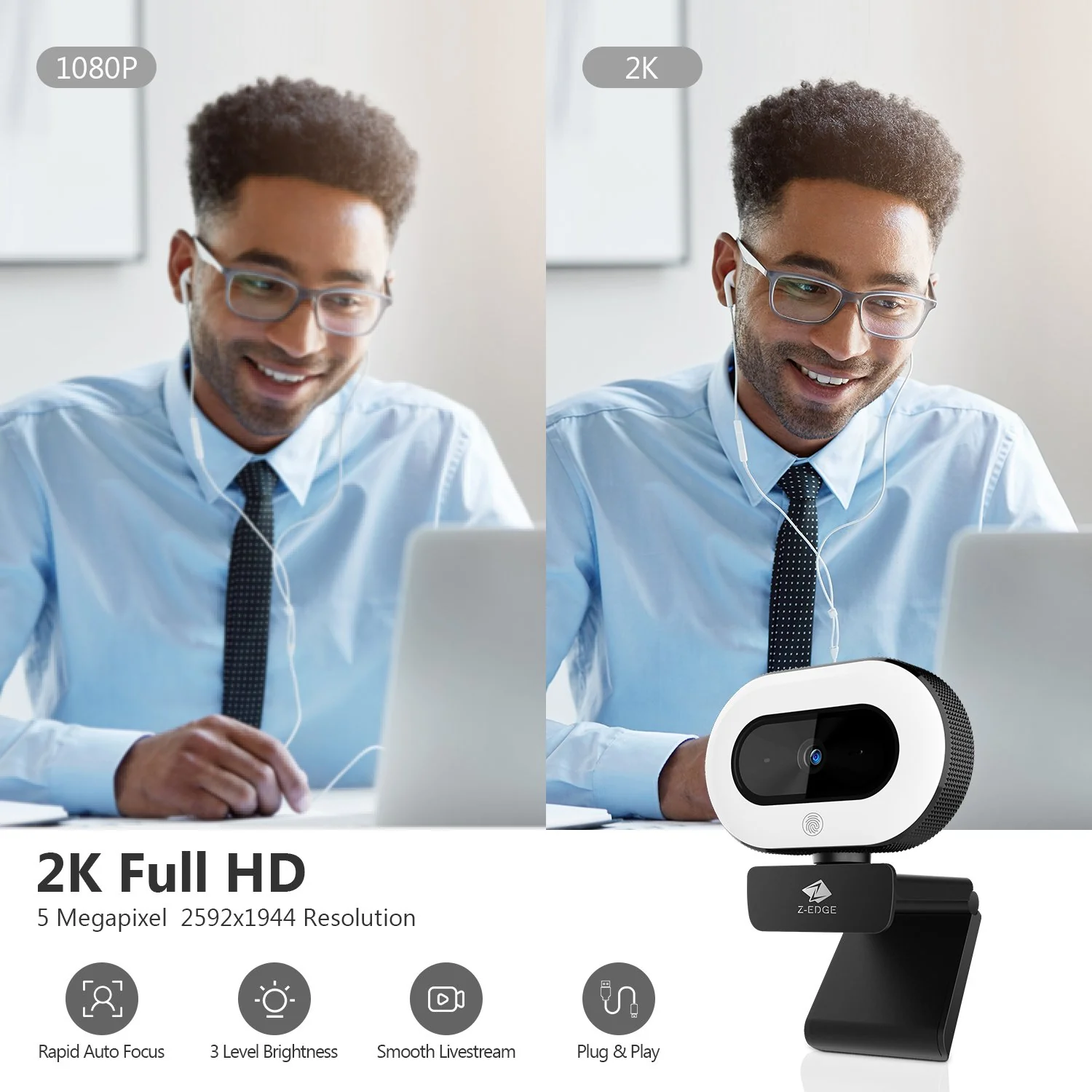 Z-EDGE ZW560S QHD 2K Stream Webcam Auto Focus Web Camera for PC/Desktop/Laptop, Built-in Stereo Sound & Noise Reduction Mic, Plug & Play, Touch Control Ring Light, Compatible with Windows/Android/Mac - Image 3